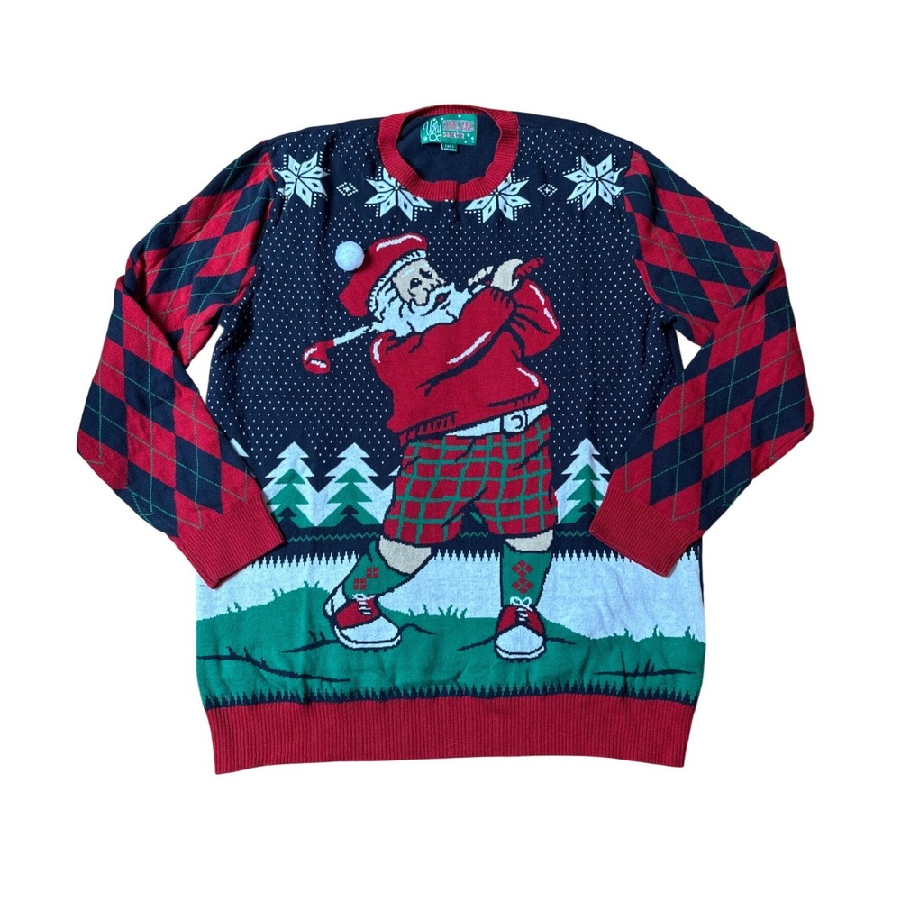 Ugly‎ Christmas Sweater Pullover Mens Navy Blue Golfing Santa Argyle SIZE XL